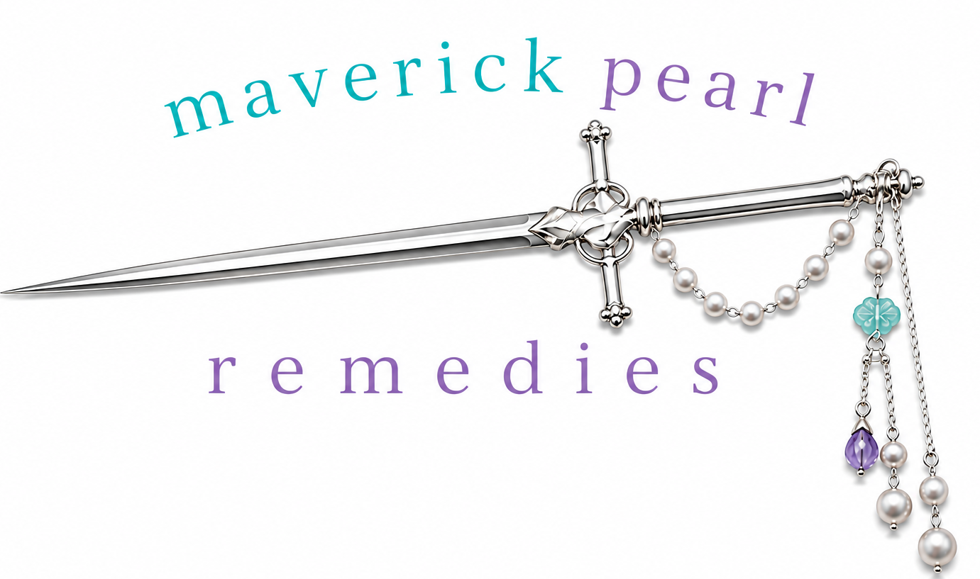 Maverick Pearl logo depicting a sharp longsword dripping in pearls and amethyst gemstones
